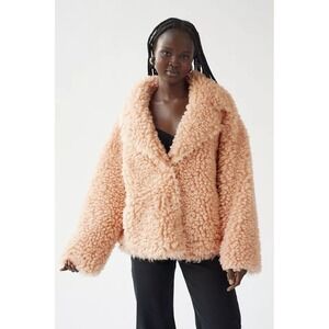 Urban Outfitters Peach Pink Faux Fur Teddy Jacket Small Notched Lapel Snap Front